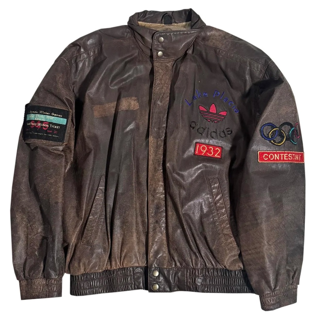 adidas Brown Leather Bomber Jacket with Embroidered Patches